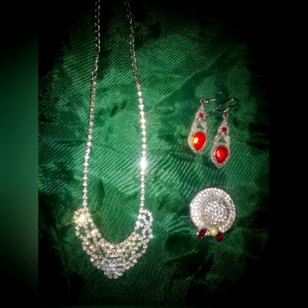 Elegant Silver Necklace and Earring Set with Red Accents